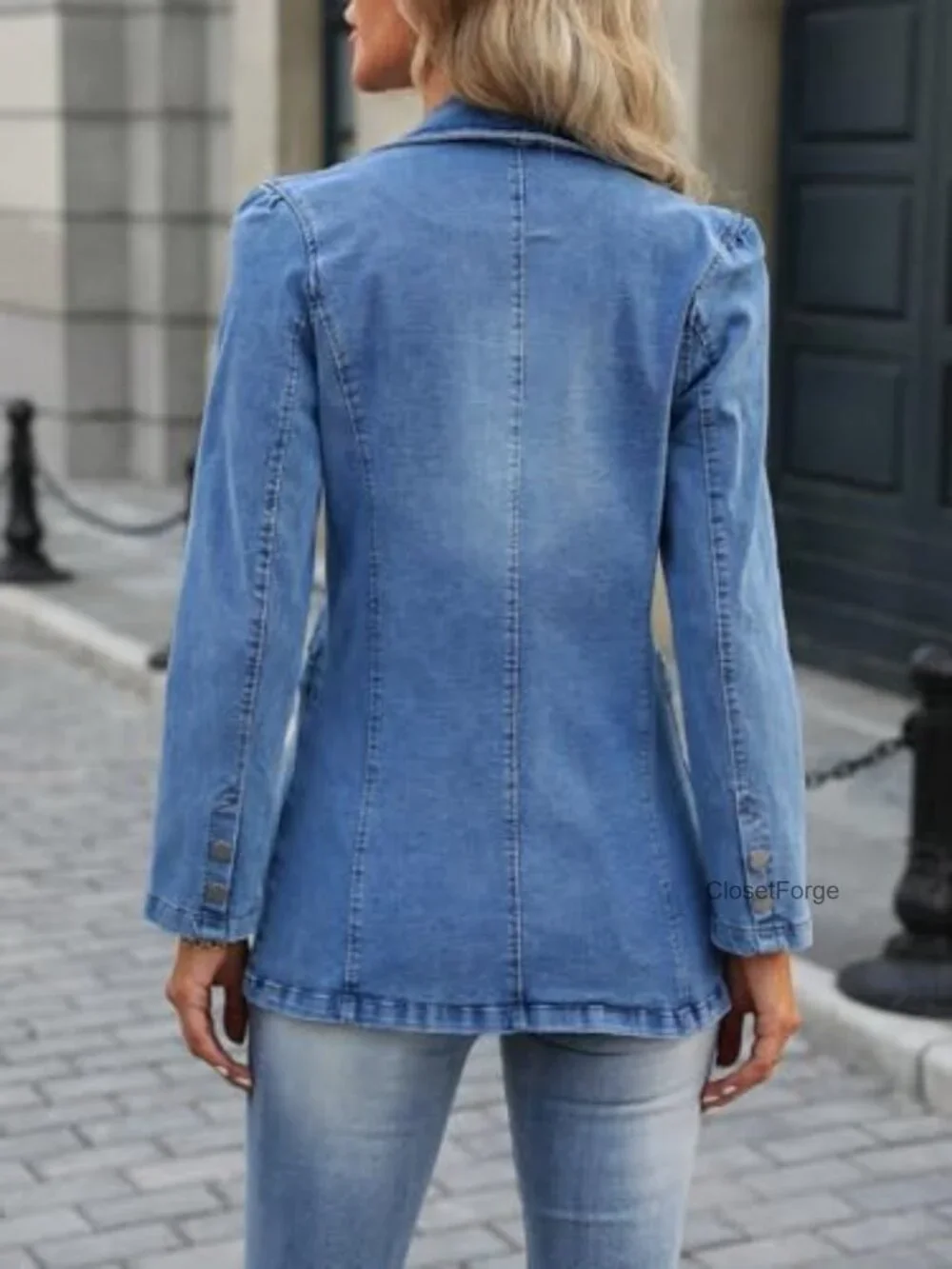 Oversized Denim Jean Blazer Jacket Women Button Up Long Sleeve Casual Suit